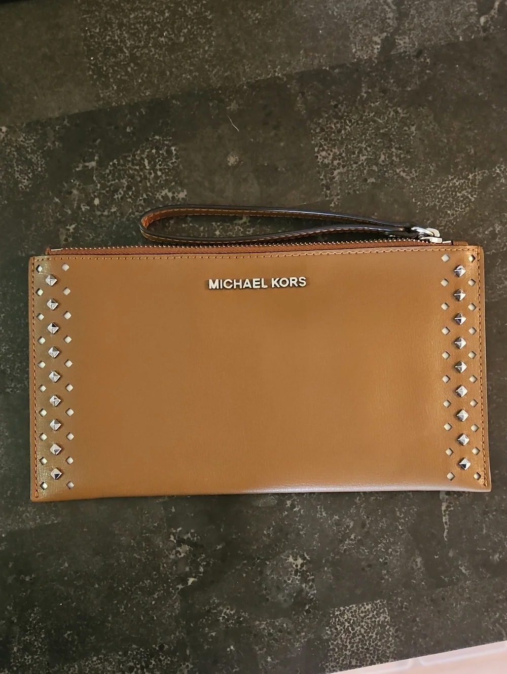 Michael Kors Camel Leather Wristlet with Silver Studs